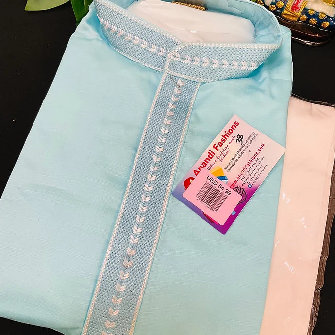 Mens Kurta - Men’s Cotton Light Blue Kurta Pajama Set