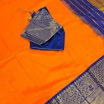 Orange Mangalagiri Silk Saree with Stitched Blouse - Pure Handloom