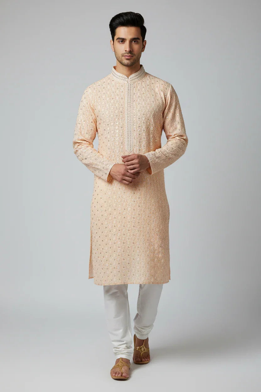 Man wearing light peach embellished Indian ethnic kurta with white churidar and traditional sandals