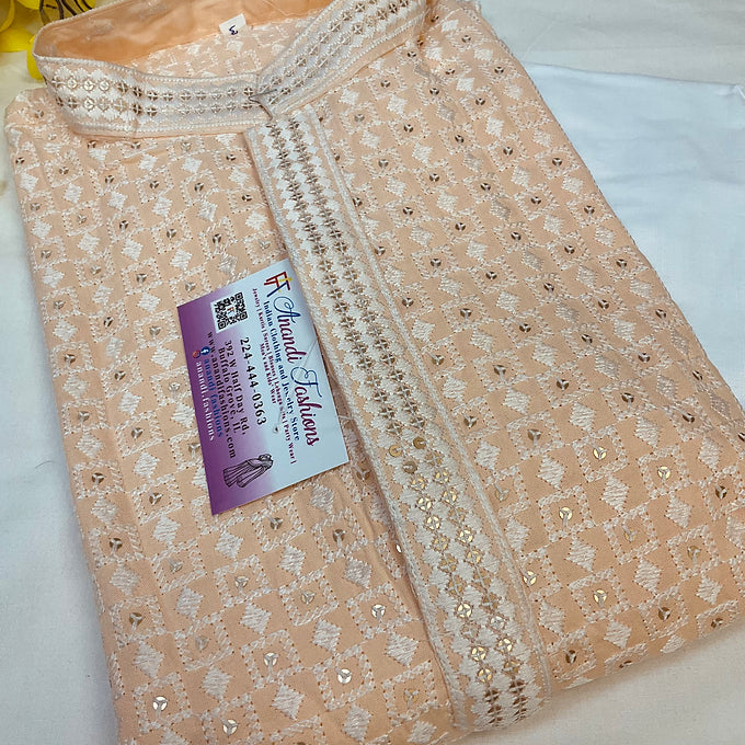 Light peach chikankari work kurta set for men-size 40