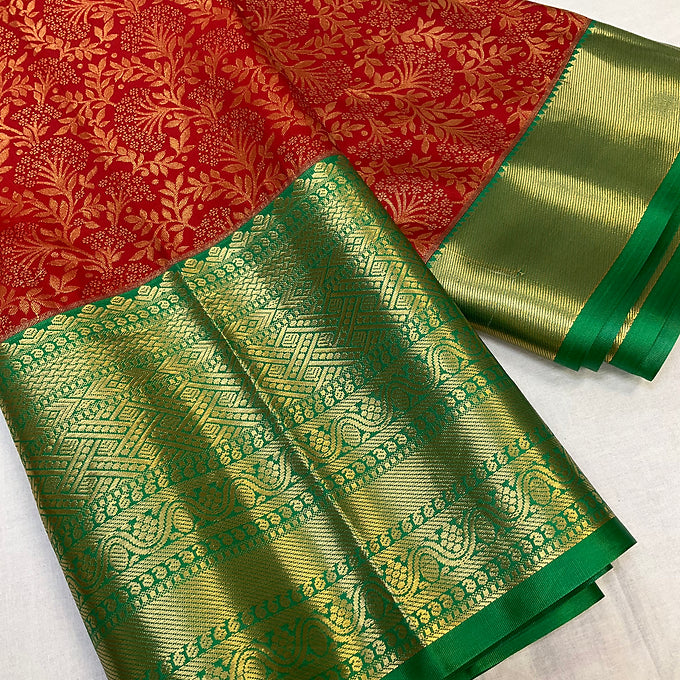 Red-Semi Kanjeevaram Silk saree with stitched Blouse