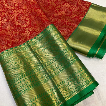 Red-Semi Kanjeevaram Silk saree with stitched Blouse