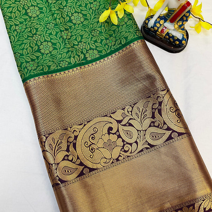 Green-Semi Silk kanjeevaram saree with Contrast stiched blouse