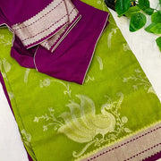 Lime Green Raw Mango Silk Saree with Stitched Blouse - Zari Work