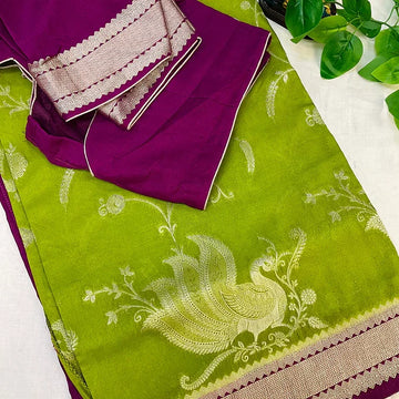 Lime Green Raw Mango Silk Saree with Stitched Blouse - Zari Work