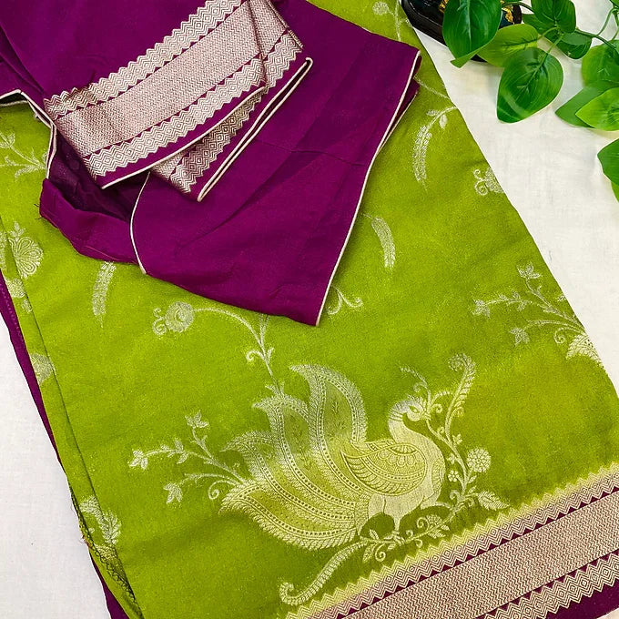 Lime Green Raw Mango Silk Saree with Stitched Blouse - Zari Work