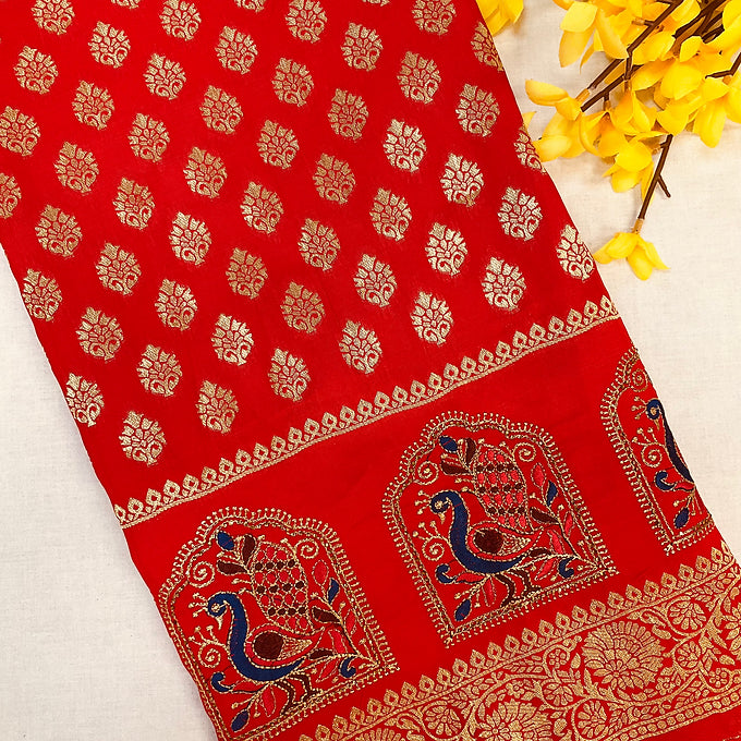 Mirchi Red Benarasi saree with peacock embroidary