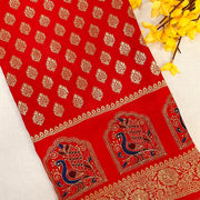Mirchi Red Benarasi Saree with Peacock Embroidery - Traditional Design