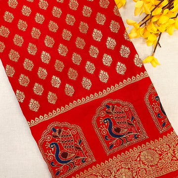 Mirchi Red Benarasi Saree with Peacock Embroidery - Traditional Design