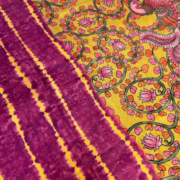 Fancy Kalamkari Saree in Pink & Yellow - Traditional Print