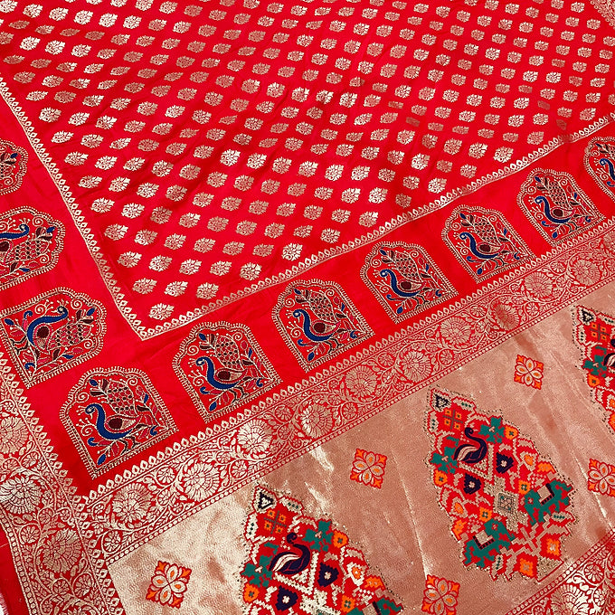 Mirchi Red Benarasi saree with peacock embroidary