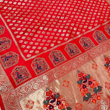 Mirchi Red Benarasi Saree with Peacock Embroidery - Traditional Design