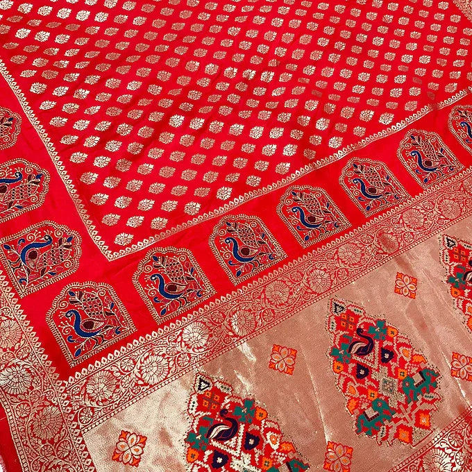Mirchi Red Benarasi Saree with Peacock Embroidery - Traditional Design