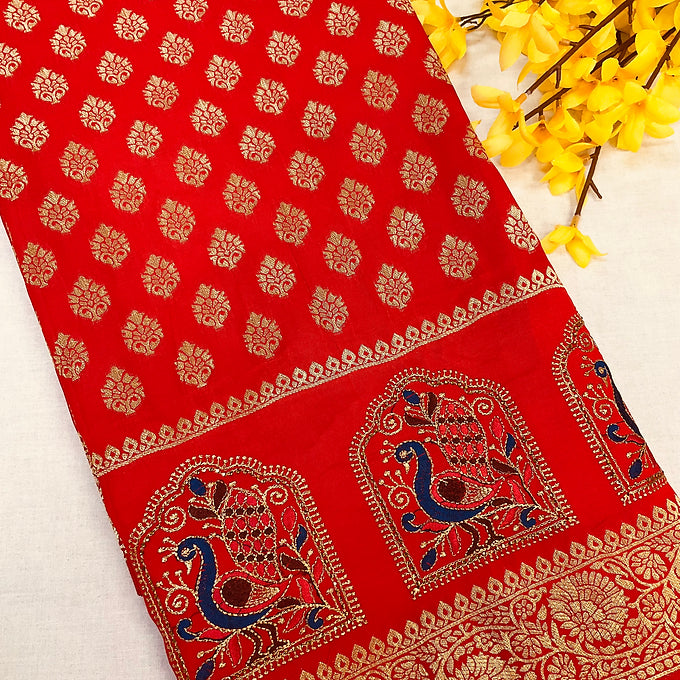 Mirchi Red Benarasi saree with peacock embroidary