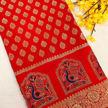 Mirchi Red Benarasi Saree with Peacock Embroidery - Traditional Design