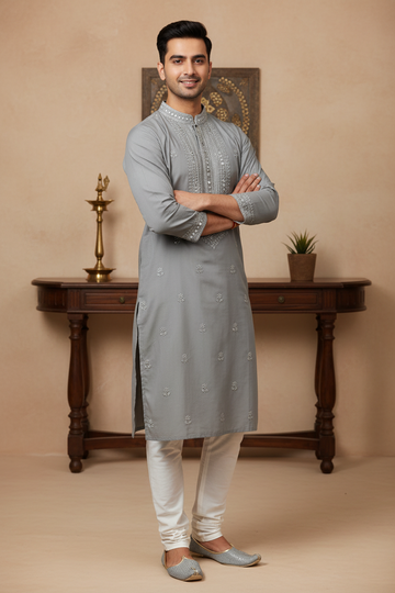 Silk - Grey embroidery mens kurta set