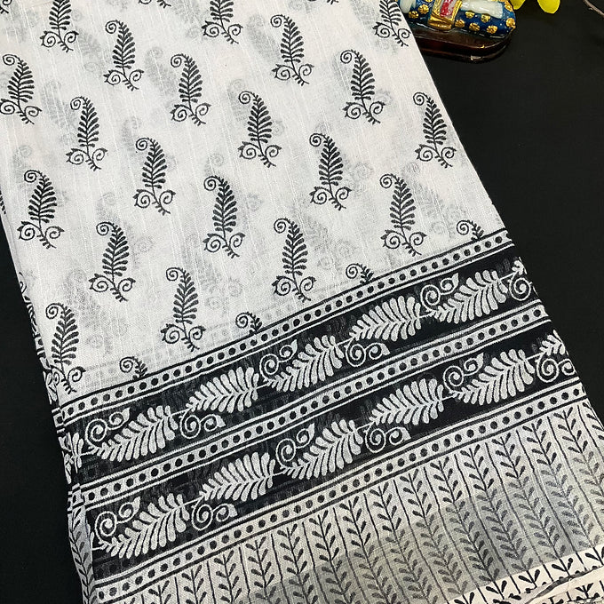 White & Black Linen Saree