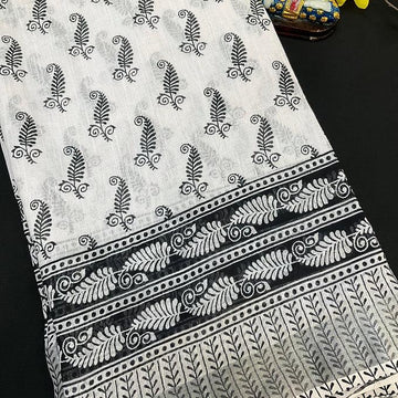 White & Black Linen Saree - Modern Combination Design
