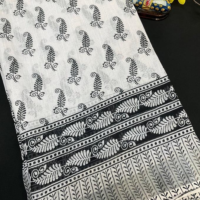 White & Black Linen Saree - Modern Combination Design