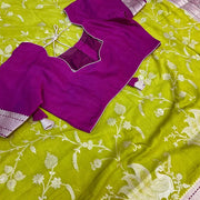 Lime Green Raw Mango Silk Saree with Stitched Blouse - Zari Work