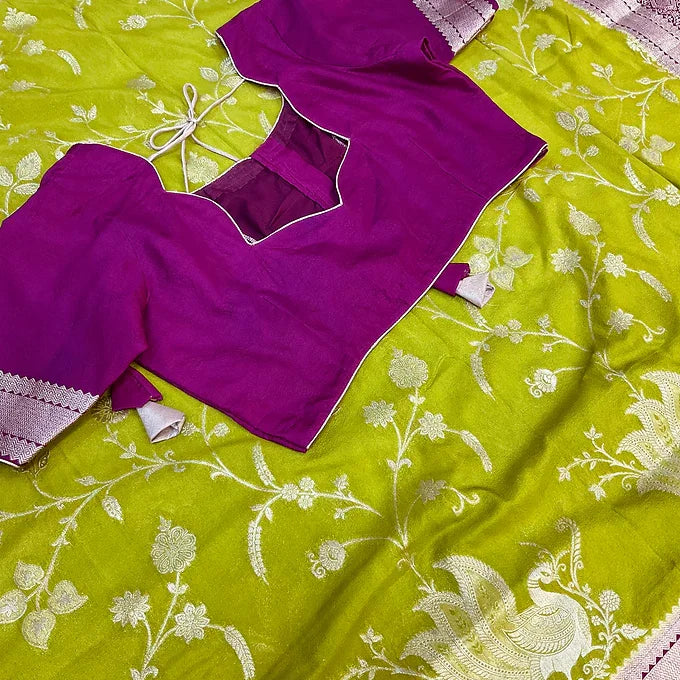 Lime Green Raw Mango Silk Saree with Stitched Blouse - Zari Work