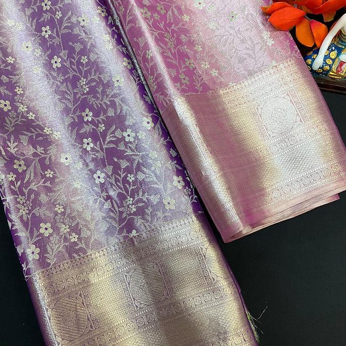Pure Silk Pastel Colors Kanjeevaram Tissue Saree with Stitched Work Blouse