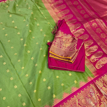 Green & Pink Combination Semi Gadwal Silk Saree with Stitched Blouse