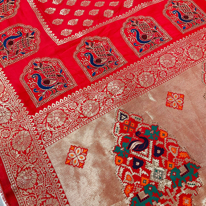Mirchi Red Benarasi saree with peacock embroidary