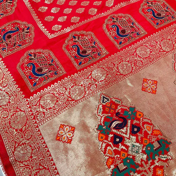 Mirchi Red Benarasi Saree with Peacock Embroidery - Traditional Design