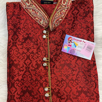 Maroon Color Men's Silk Kurta with Embroidery Work on Neck