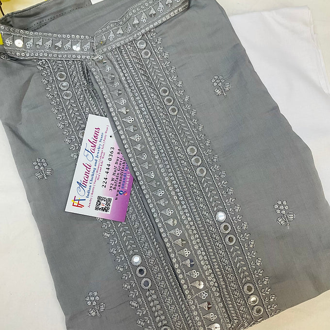 Silk - Grey embroidery men’s kurta set
