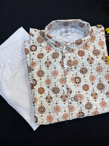 Digital Print Boys Chikankari Kurta set- Size 4 to 12