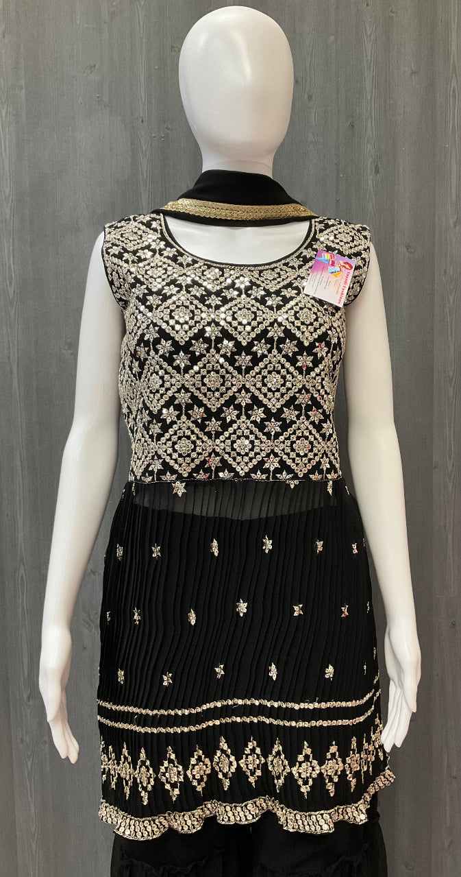 Black Party wear 3 piece Sharara set in Georgette material - Size 38 image 2