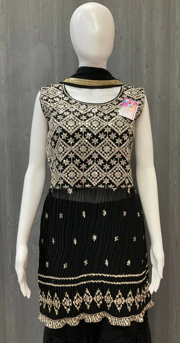 Black Party Wear 3-Piece Sharara Set Size 38 - Georgette