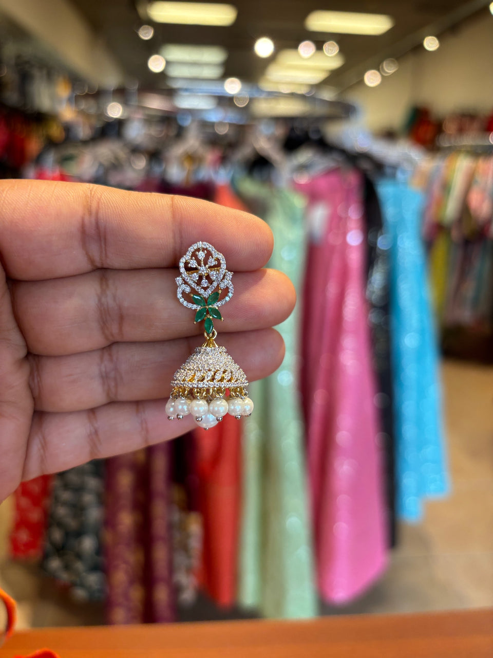 CZ Earrings - Jhumkas with Emeralds image 1