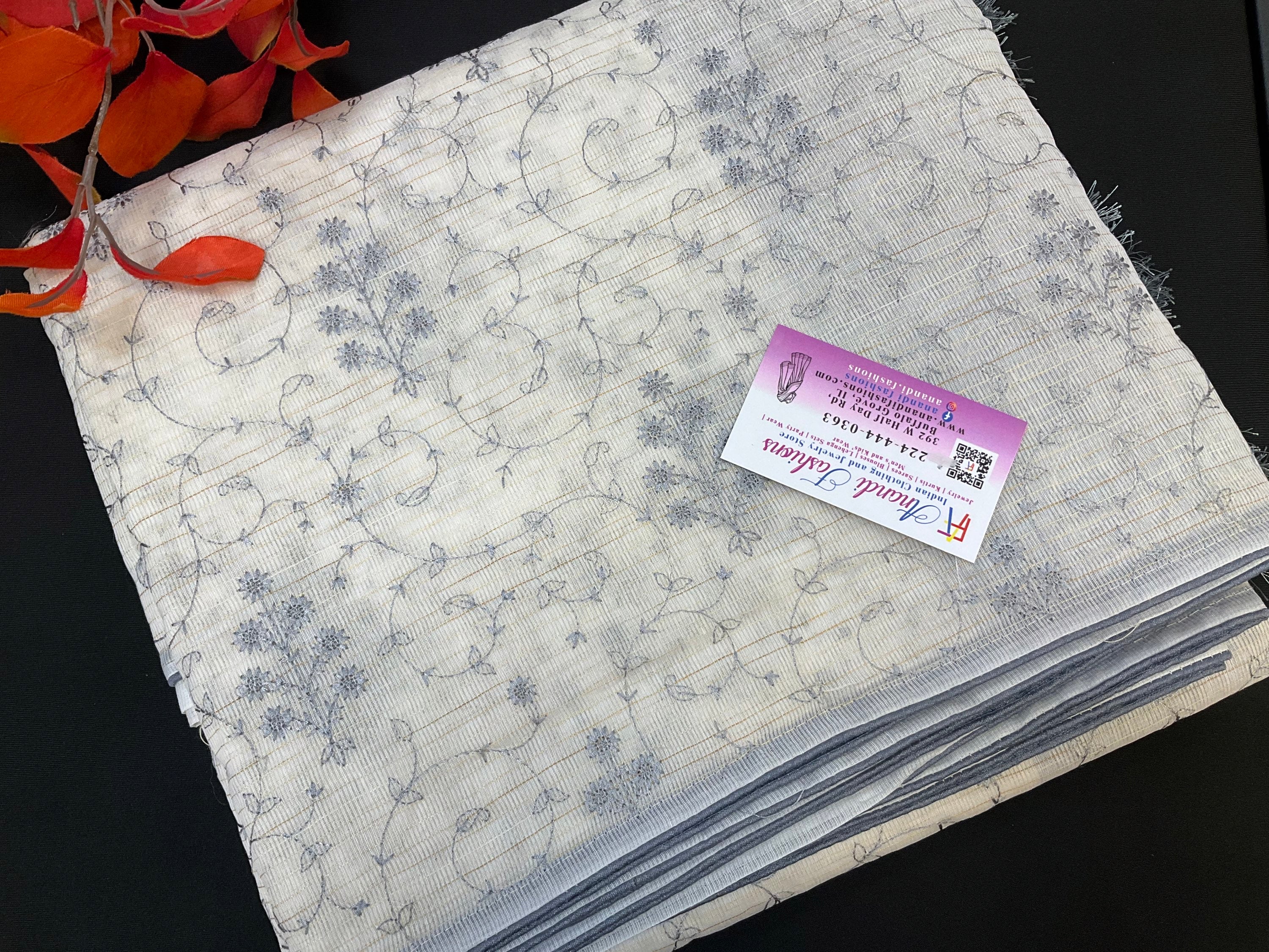 Chinon half white net saree with grey thread embroidery  image 0