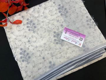 Chinon half white net saree with grey thread embroidery