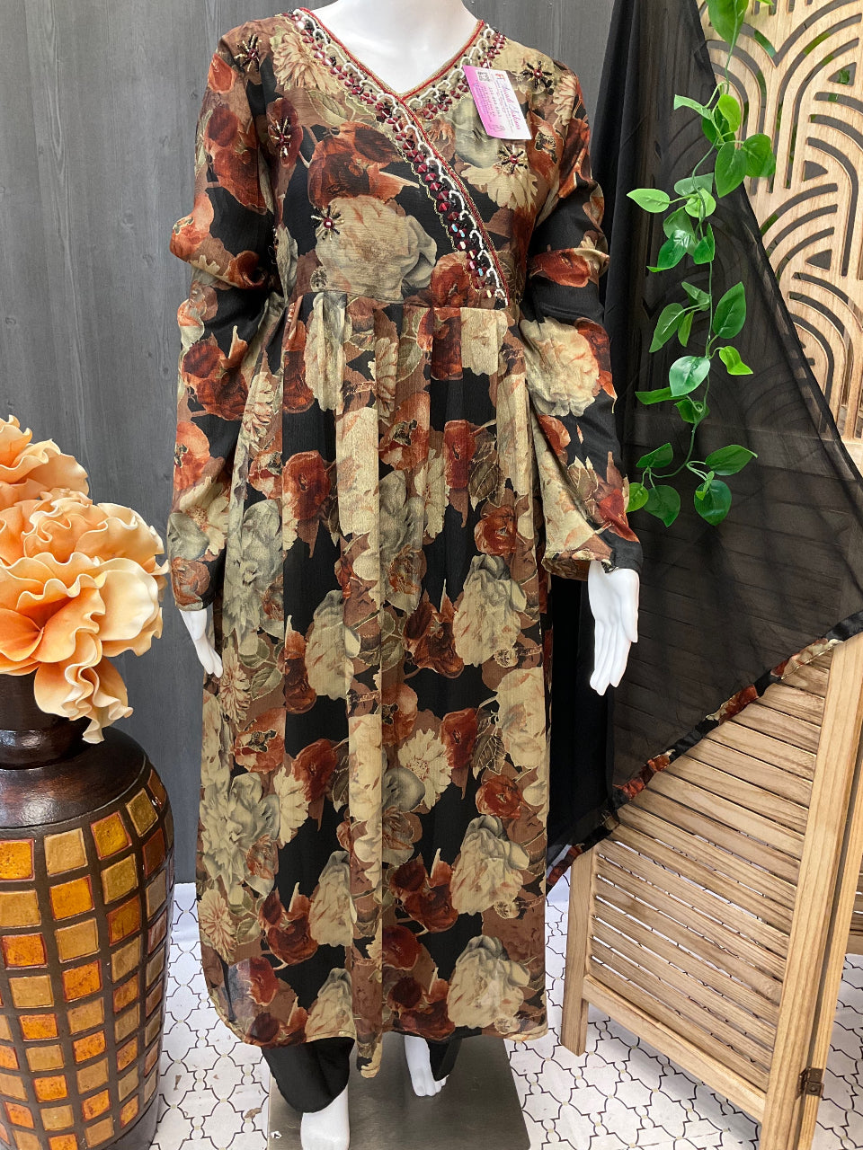 Plus Sizes Chudidhar set - Floral Print Satin Silk Set with Full Sleeve image 2