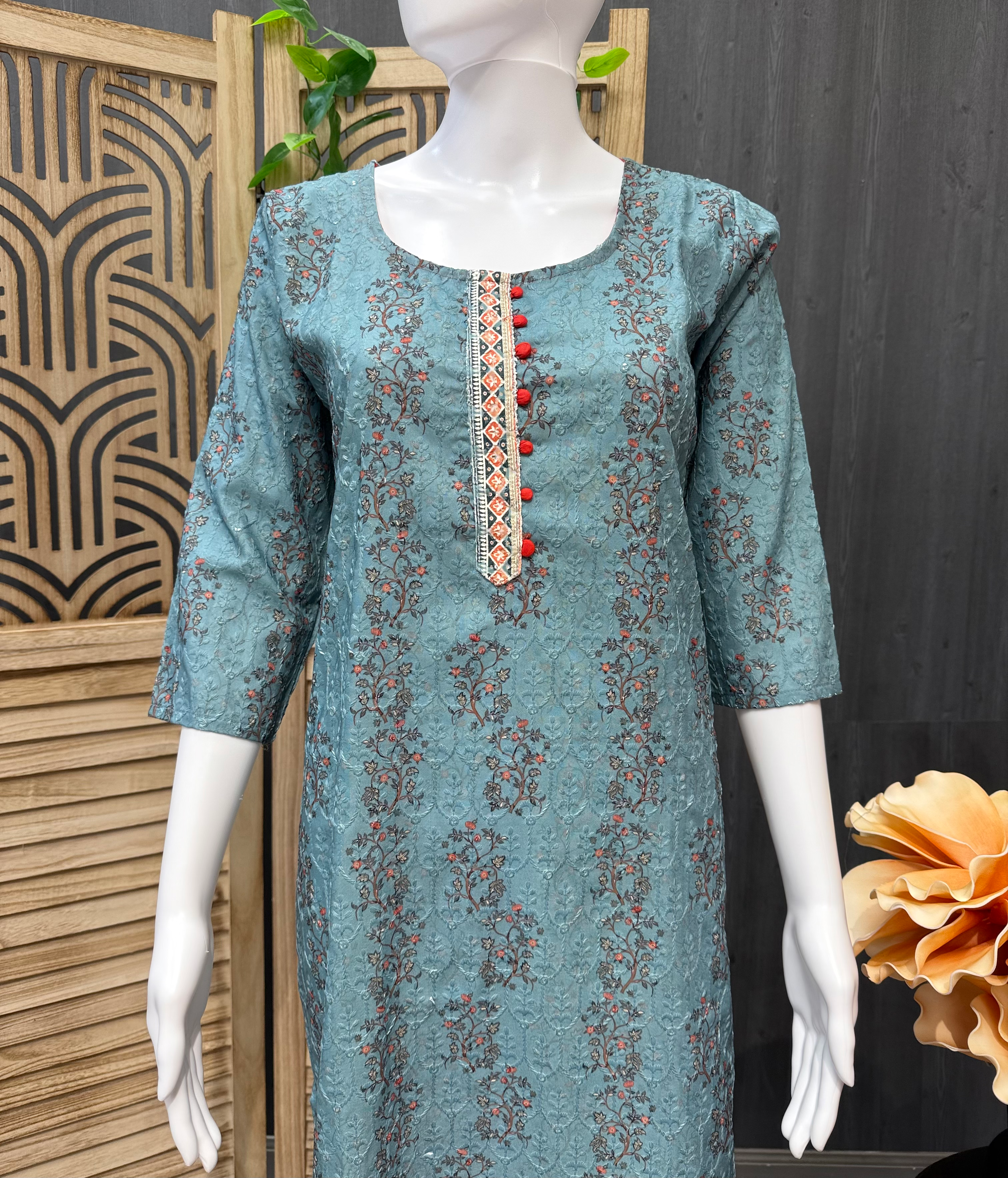 Dark Sea Green- Digital Print Chikankari Work Kurti image 1