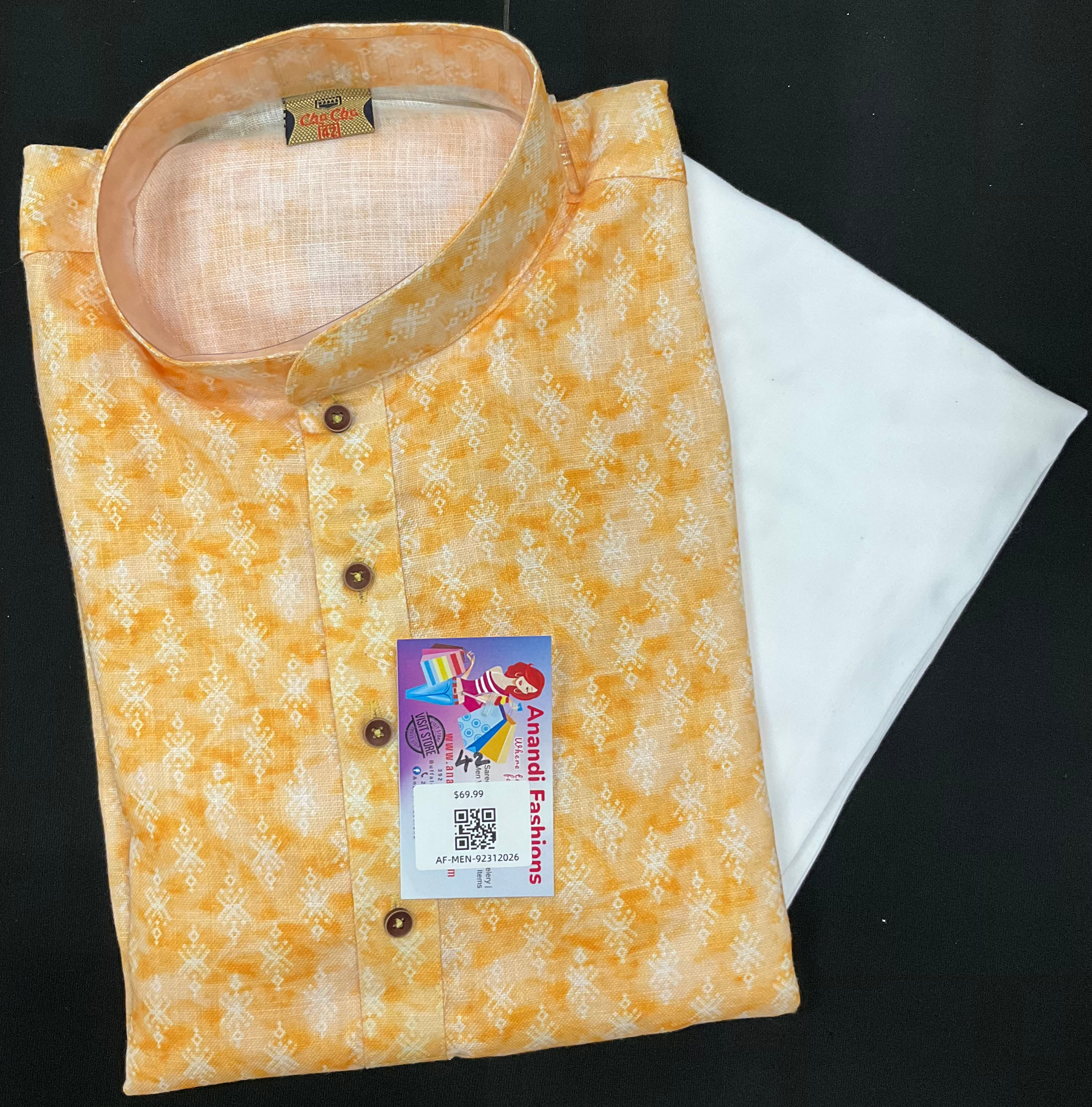 Pure Cotton Mens kurta - Yellow Kurta Pajama set- Size 42 image 0