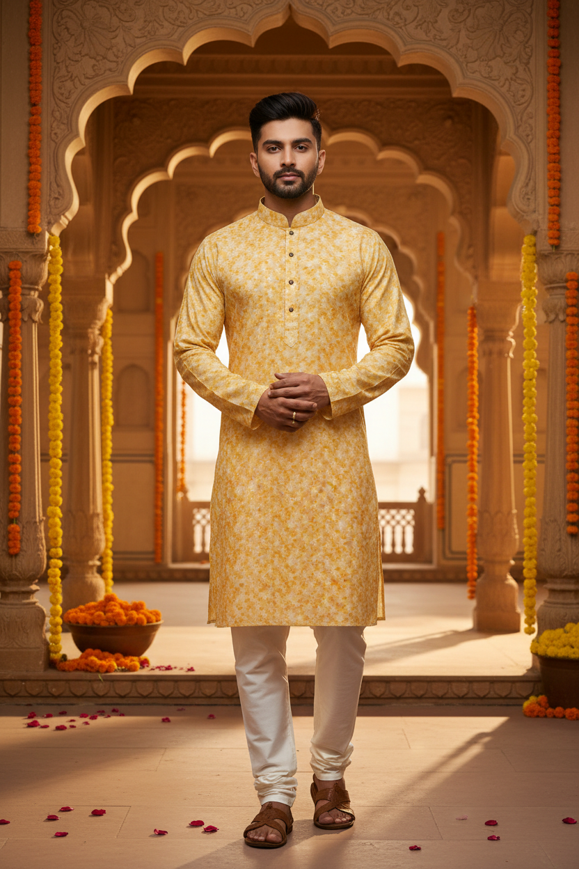Men’s Pure Cotton Yellow Kurta Set