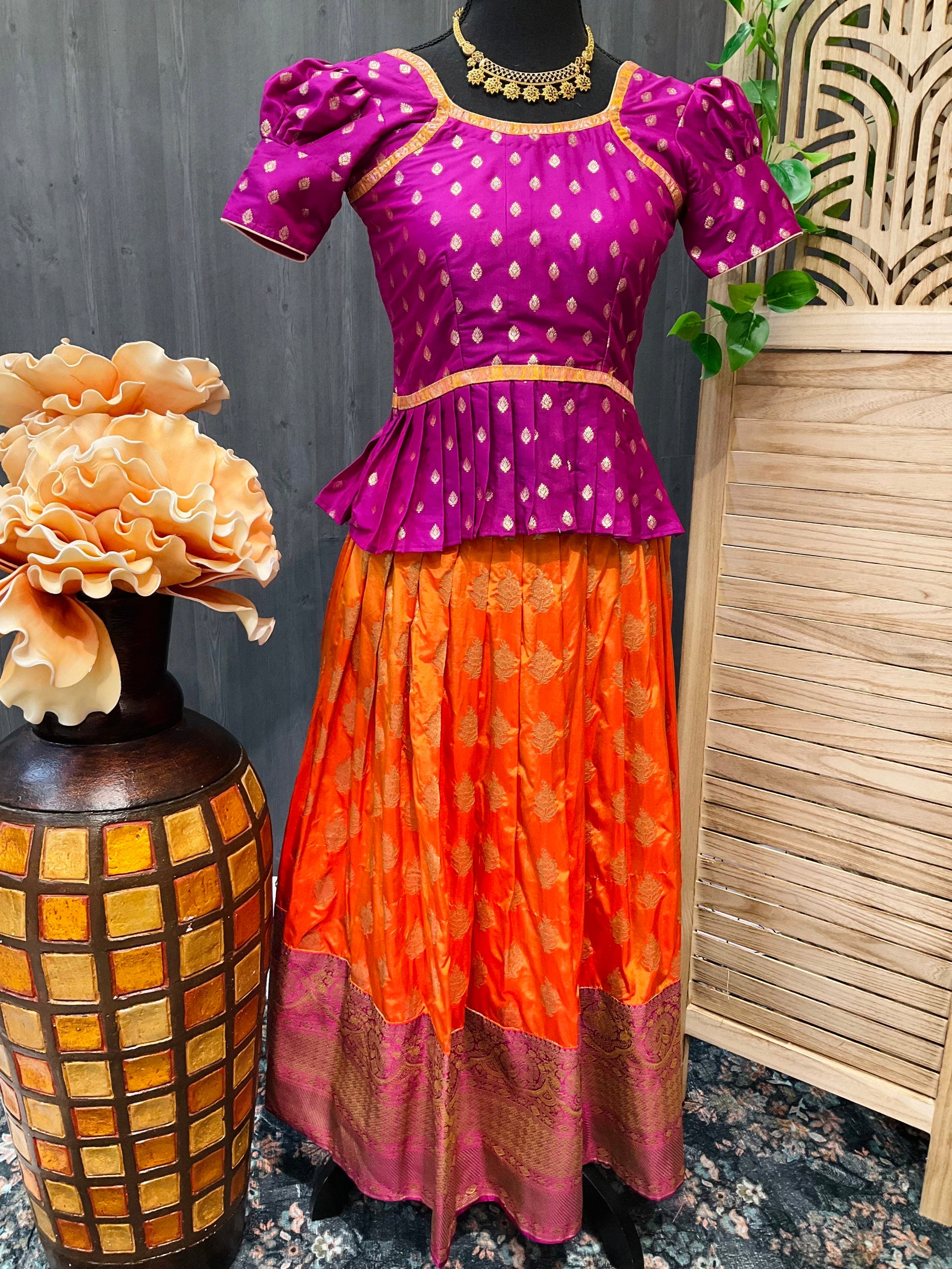 Orange- Pink Benaras Girls Silk Pattu Pavadai set - Size 30/32/34 image 2