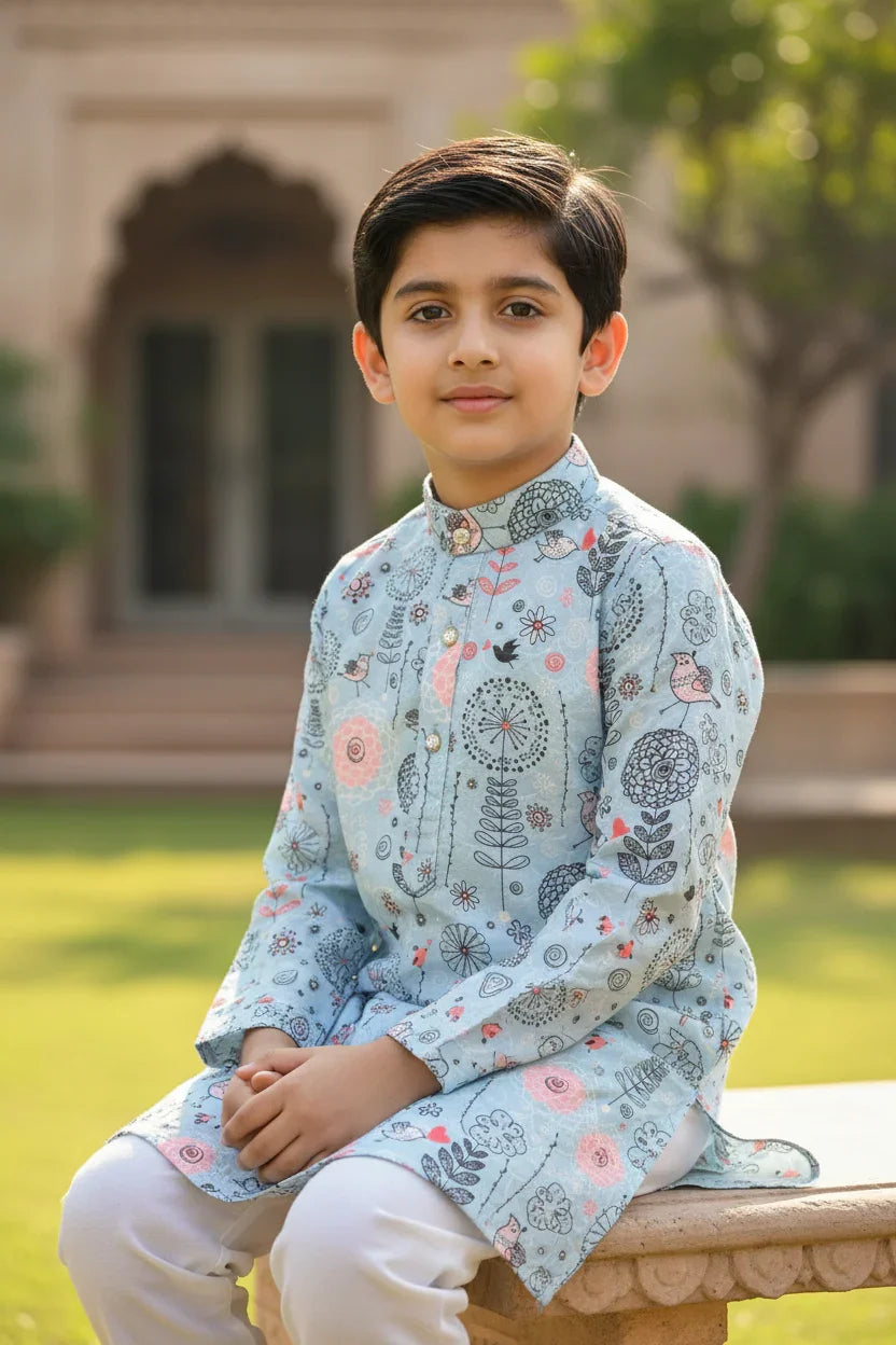 Young boy in light blue floral printed Indian ethnic kurta with white pants sitting outdoors in garden