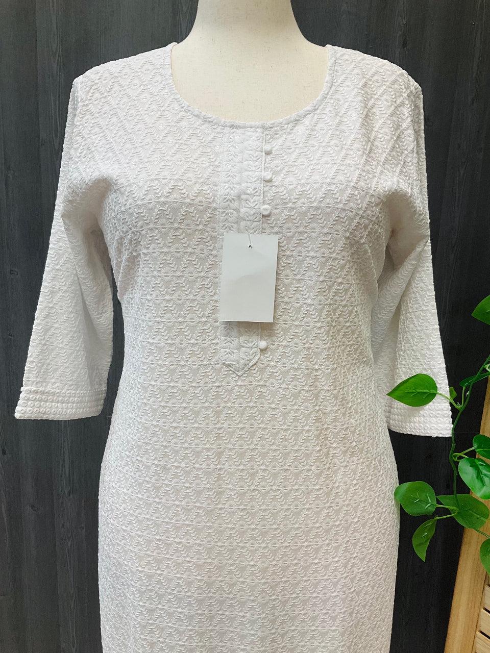 Plus Size White Chikankari Kurti Size 46 - Rayon with Sequins