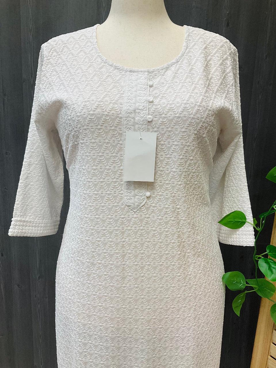 Plus Size White Chikankari Kurti Size 46 - Rayon with Sequins