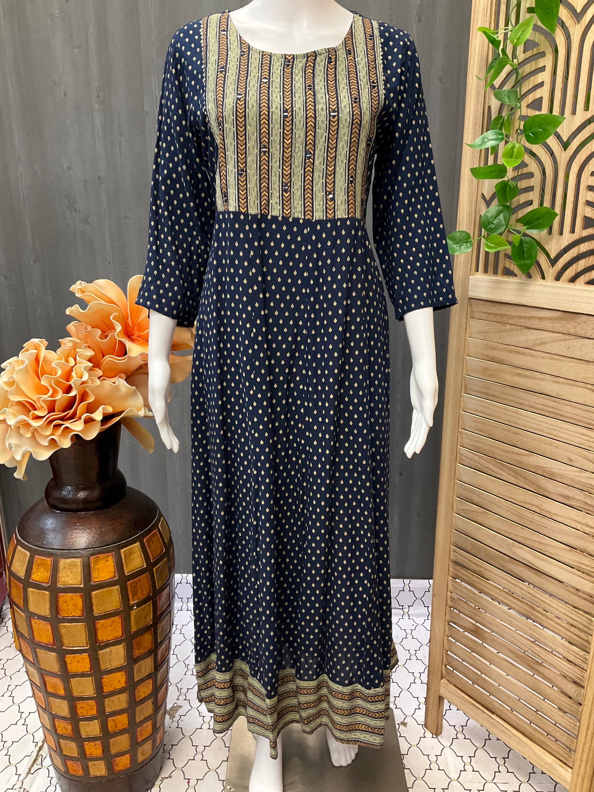 Navy blue rayon Anarkali long kurti with gold print image 1