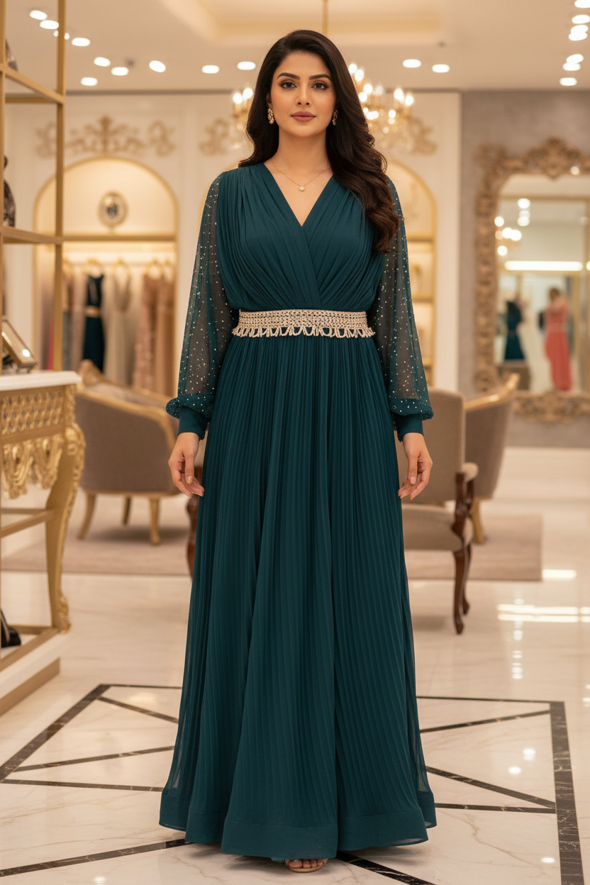 Pure Long Party Dress Size 38 - with Waist Belt & Stone Work