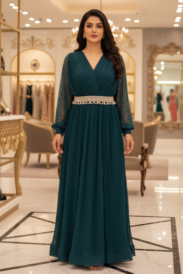 Pure Long Party Dress Size 38 - with Waist Belt & Stone Work