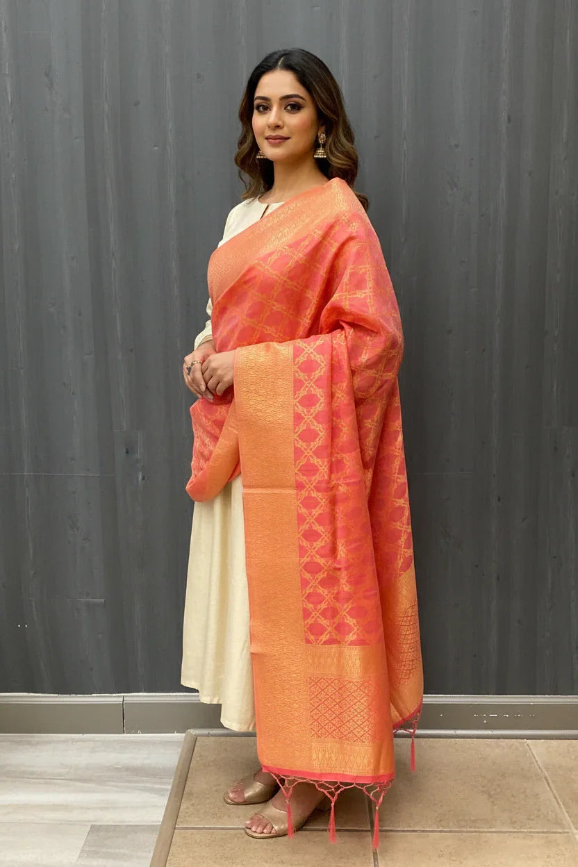 Woman in white ethnic attire wearing an orange-pink intricately patterned silk dupatta in front of gray wall