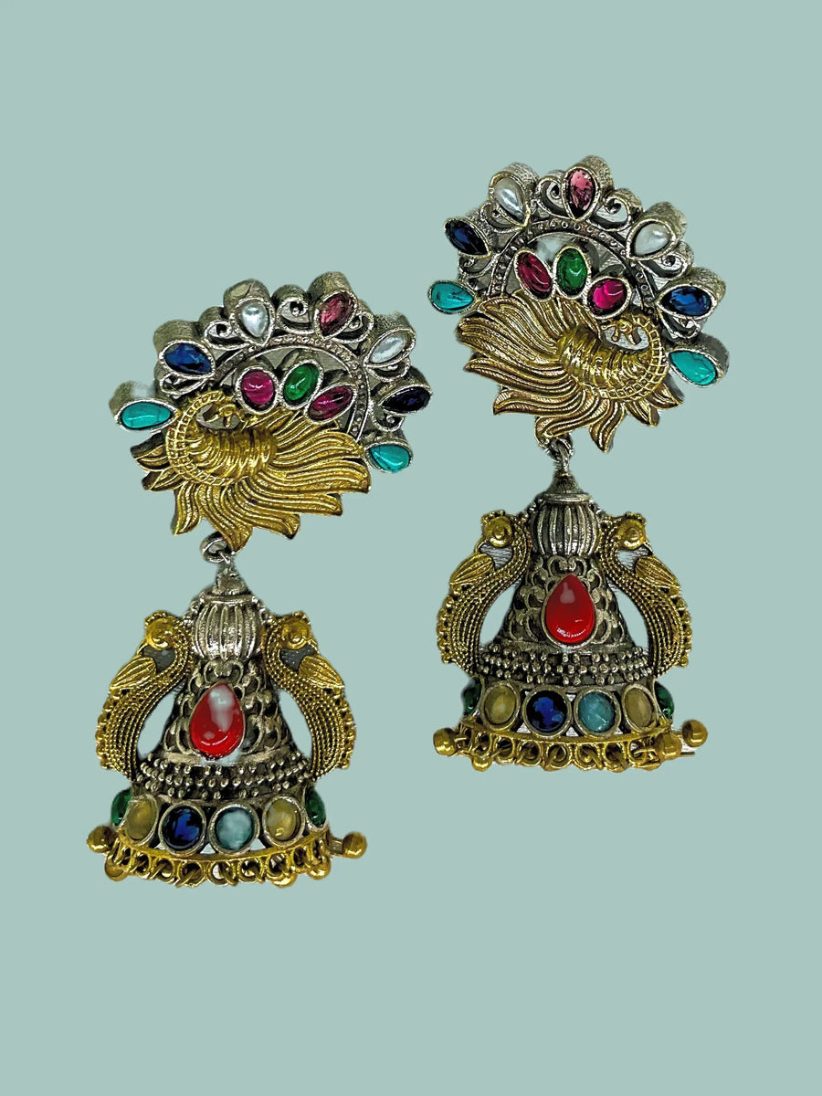 Oxidized Jewelry - Dual tone oxidized earrings with peacock design